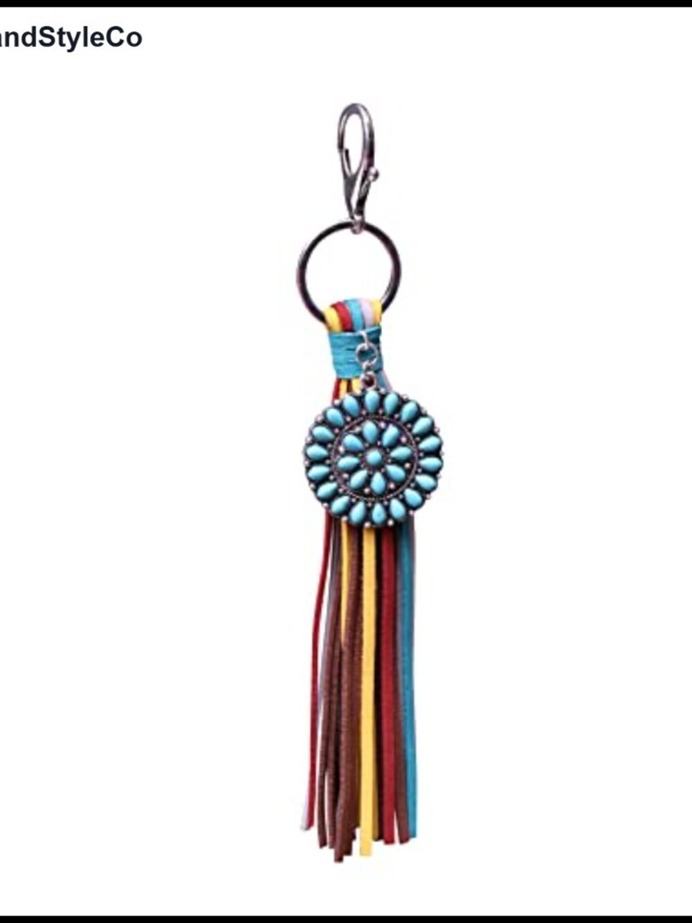 Genuine Leather Tassel Keychain Charm Turquoise Metal Snap Hook Purse Accessory